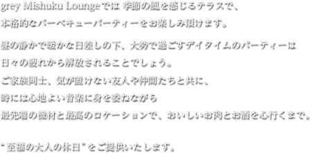 grey Mishuku Loungeでは 季節の風を感じるテラスで、本格的なバーベキューパーティーをお楽しみ頂けます。 昼の静かで暖かな日差しの下、大勢で過ごすデイタイムのパーティーは日々の疲れから解放されることでしょう。 ご家族同士、気が置けない友人や仲間たちと共に、時には心地よい音楽に身を委ねながら最先端の機材と最高のロケーションで、おいしいお肉とお酒を心行くまで。 “至福の大人の休日”をご提供いたします。